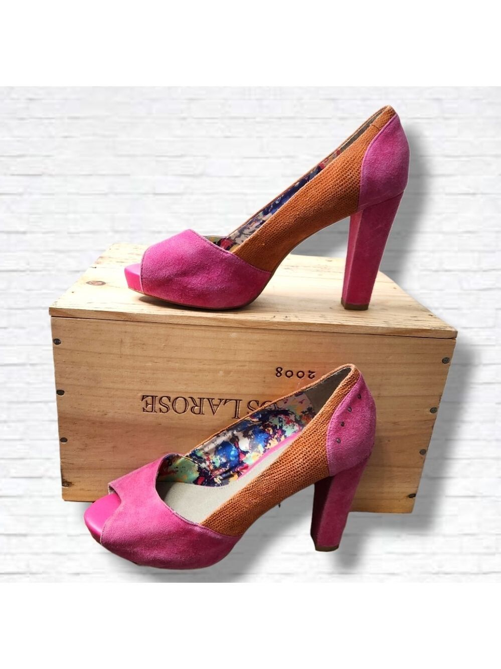 Hush Puppies Orange And Pink Colourblock Peep Toe Heels Size 8.5